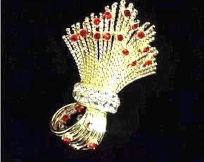 RARE Jackie Kennedy Gold Brooch JBK Gold and Red Pin with Wheat Design by Camrose Kross Gift for Her Anniverary or July Birthday - 467
