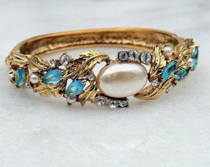 Jackie Kennedy Aqua Bracelet JBK Gold Hinged Bangle with Aquamarine and Pearl Stones Size 6.75 Gift for Her Anniversary or Birthday - 143ba