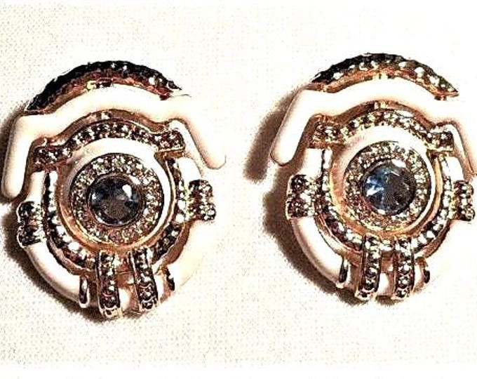 Jackie Kennedy White Earrings JBK Gold Studs with White Enamel and Blue Stones by Camrose Gift for Her Anniversary  or Birthday - 470a
