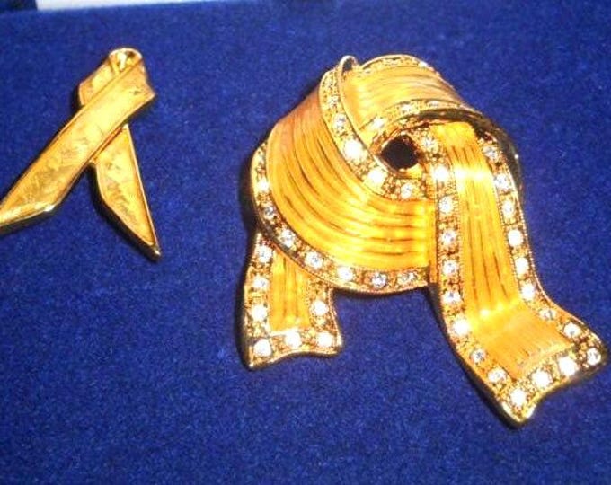 Jackie Kennedy Gold PIN SET JBK Yellow Ribbon Pins in Enamel with Stones by Camrose Kross  Gift for Her Anniversary or Birthday - 038