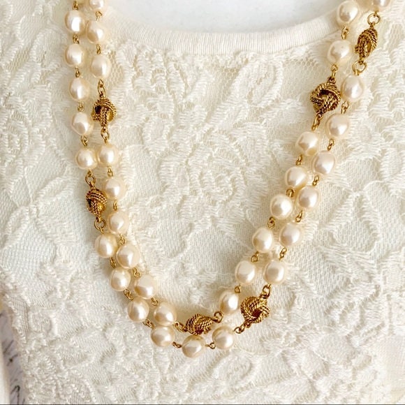 Joan Rivers Pearl Necklace with Gold Tone Knots 60 Inches Long - S3193
