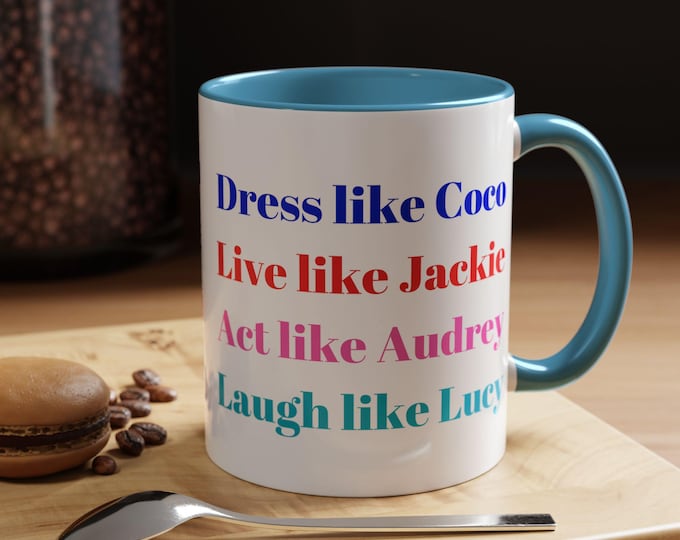 Jackie Kennedy Accent Coffee Mug: 11 oz White Ceramic, Light Blue Handle and Interior, Fashion Icon Names