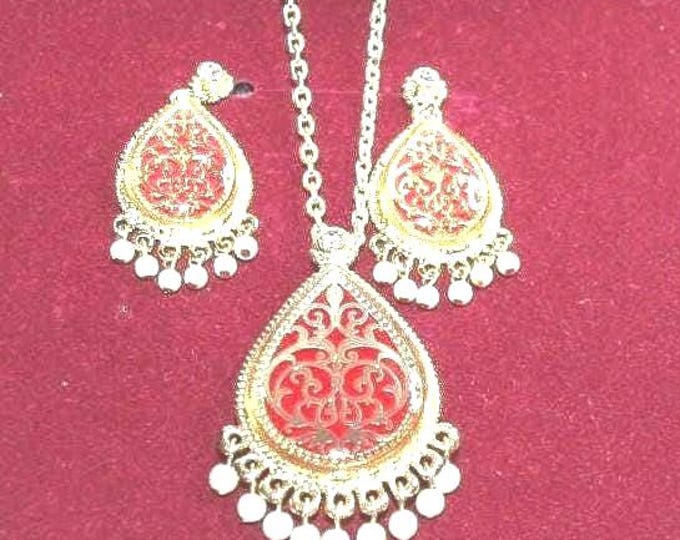 Jackie Kennedy Jewelry SET JBK Red and Gold Pin Pendant Necklace and Earrings Set by Camrose Kross Gift for Her Anniversary or Birthday