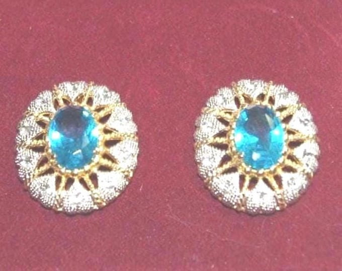 Jackie Kennedy Aqua Earrings JBK Gold with Aqua Blue Clip On Earrings by Camrose Kross Gift for Her Wedding Anniversary or Birthday - 509