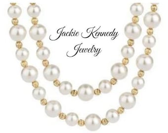Jackie Kennedy 2 Strand Pearl Necklace with Gold Beads by Camrose and Kross for Anniversary or Birthday Gift for Her - 218