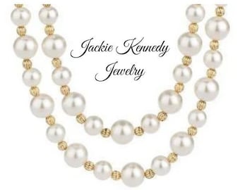 Vintage Pearl and Gold Beaded Double Strand  Necklace Jackie Kennedy JBK Style by Camrose  and Kross June Birthstone Birthday Gift for Her