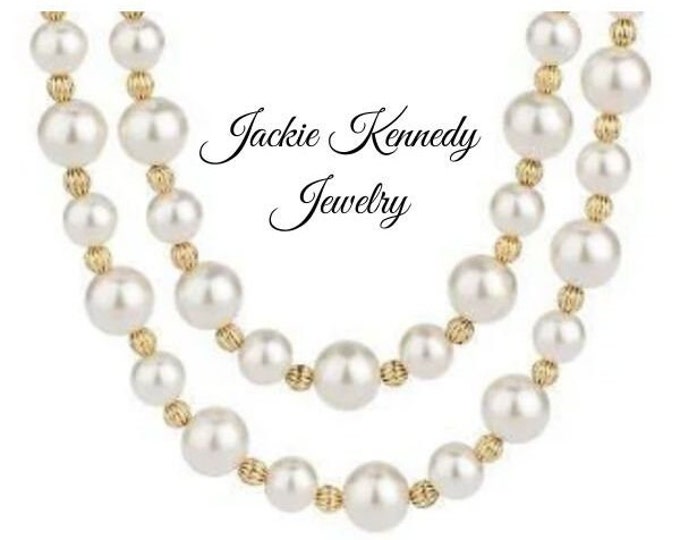 MOTHER'S DAY GIFT Jackie Kennedy 2 Strand Pearl Necklace with Gold Beads by Camrose and Kross for Anniversary or Birthday Gift for Her - 218