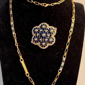 Gold Pin-Pendant Necklace Blue Floral Design JBK Jackie Kennedy Jewelry by Camrose and Kross Birthday Gift For Woman Friend Mother Sister image 3