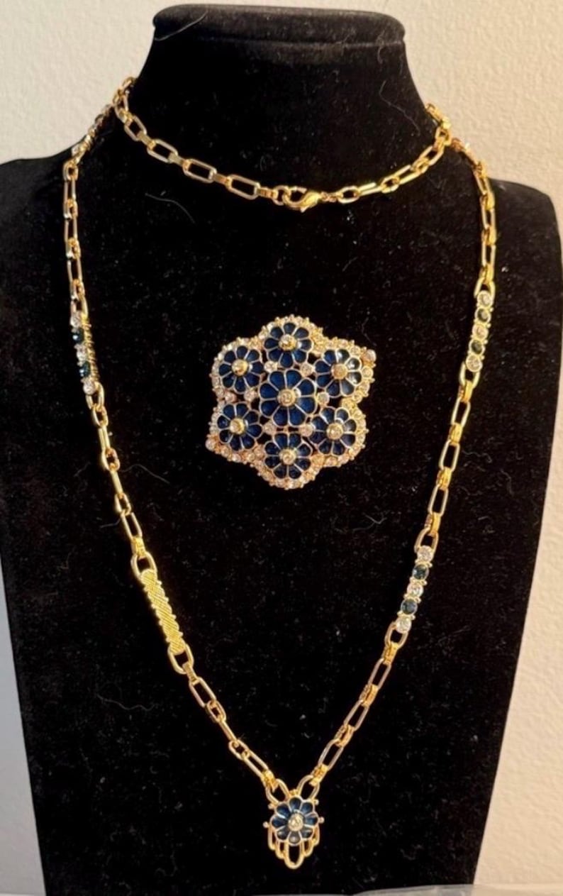 Gold Pin-Pendant Necklace Blue Floral Design JBK Jackie Kennedy Jewelry by Camrose and Kross Birthday Gift For Woman Friend Mother Sister image 3