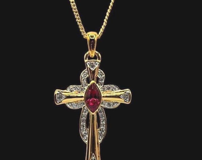 Jackie Kennedy Gold and Red Cross Necklace  JBK Gold Cross Necklace with Red Stone by Camrose Kross Gift for Her Anniversary or Birthday