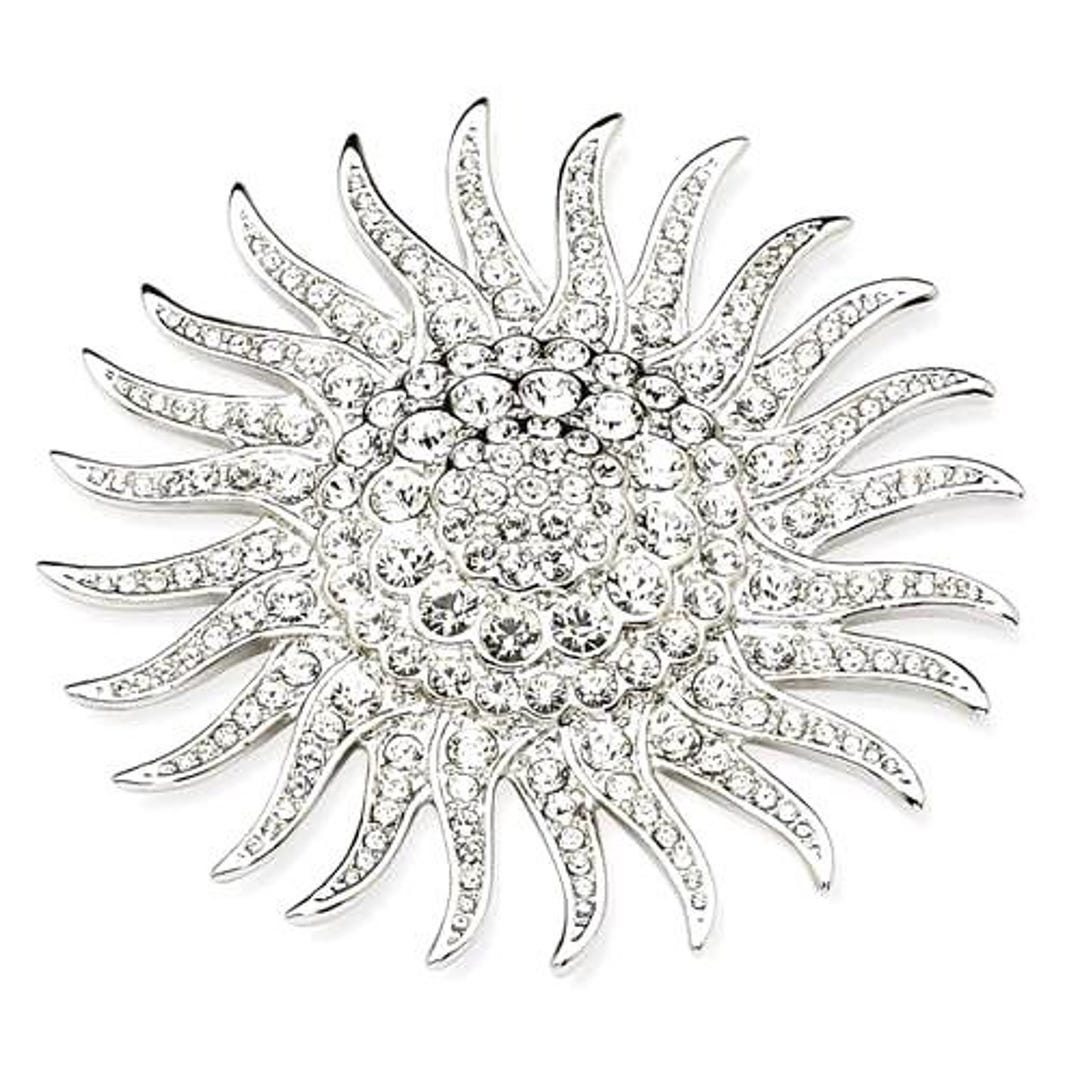 Jackie Kennedy Large Crystal Brooch, JBK Silver Sunburst Pin - 048