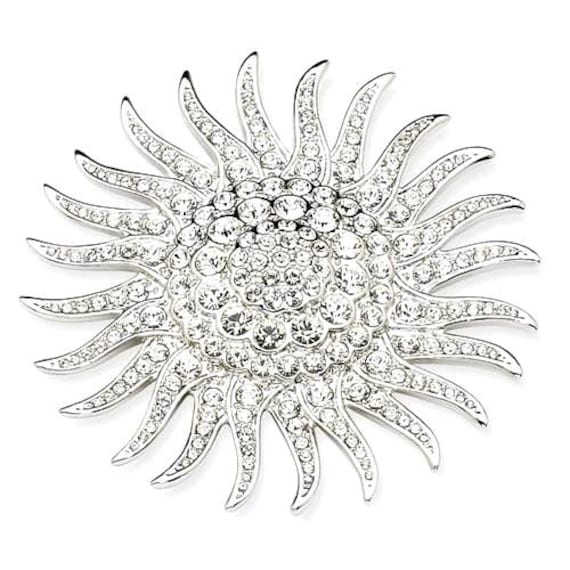 Large Simulated Diamond Brooch in Silver Sunburst Design Jackie