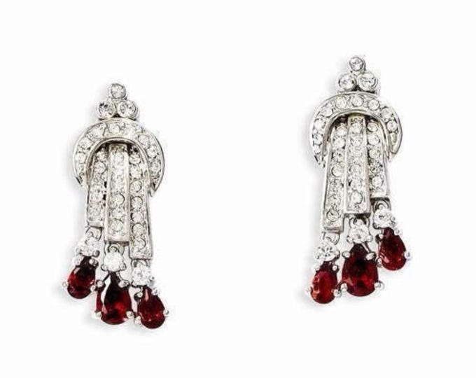 JBK Jackie Kennedy Silver and Crystal Earrings, Simulated Diamond & Ruby, Camrose Kross