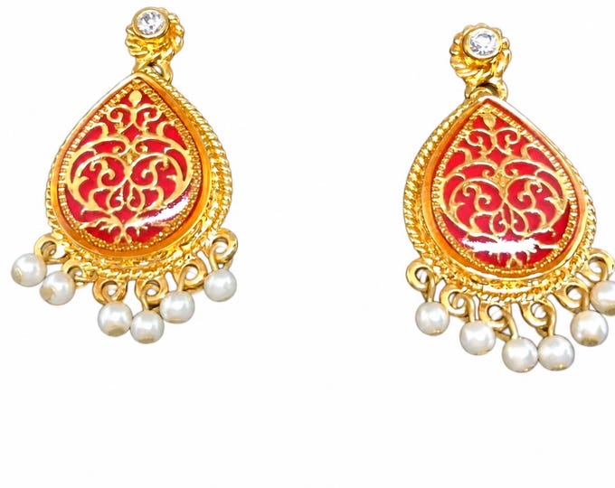 JBK Jewelry Dangle Earrings with Red and Gold Enamel and Pearls Jackie Kennedy Style by Camrose & Kross