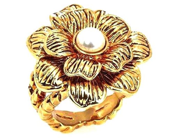 Audrey Hepburn Flower Ring Gold with Pearl Center by Camrose Kross Gift for Her Anniversary or June Birthday Gift for Woman  - 103