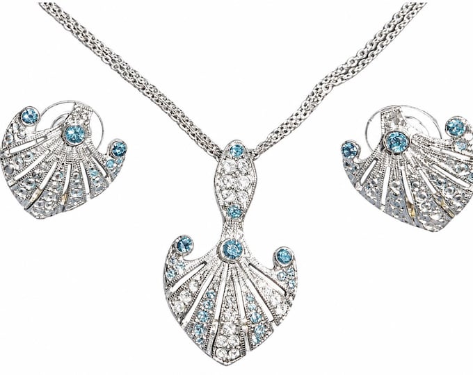 JBK Jewelry Set Necklace and Matching Earrings Silver with Blue Stones Jackie Kennedy Style by Camrose and Kross