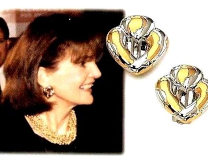 Jackie Kennedy 2 Tone Heart Earrings JBK Gold and Silver Clipon Earrings by Camrose Gift for Her Anniversary or Birthday Gift for Woman 017