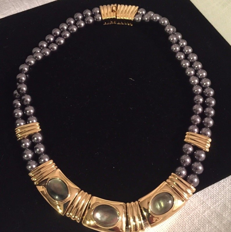 Joan Rivers Necklace Gray Pearl Necklace With Abalone Bib Etsy