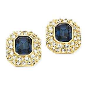 Jackie Kennedy Blue Earrings JBK Small Blue and Gold Clipons with Crystals by Camrose Kross Gift for Her Anniversary or Birthday - 508