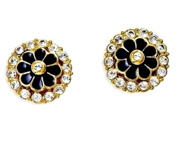 JBK Jackie Kennedy Blue Flower Earrings: Gold-Plated Crystal Accents