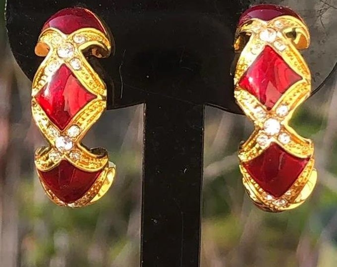 Audrey Hepburn Red and Gold Pierced Earrings with Crystals by Camrose and Kross  for Wedding Anniversary or Birthday Gift for Her