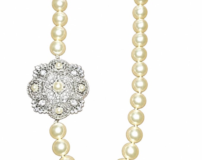JBK Jewelry Pearl Necklace Single Strand with Removable Filigree Clasp Jackie Kennedy Style by Camrose & Kross, June Birthstone