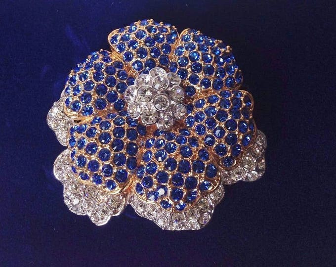 Large Blue Flower Brooch Gold with Simulated Sapphires and Diamonds Jackie Kennedy JBK Style Camrose Kross September Birthday Gift for Her