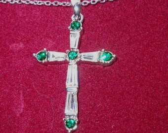 Jackie Kennedy Silver Cross Necklace with Clear and Green Stones 1.75 Inch Pendant for Wedding Anniversary or May Birthday Gift for Her -545