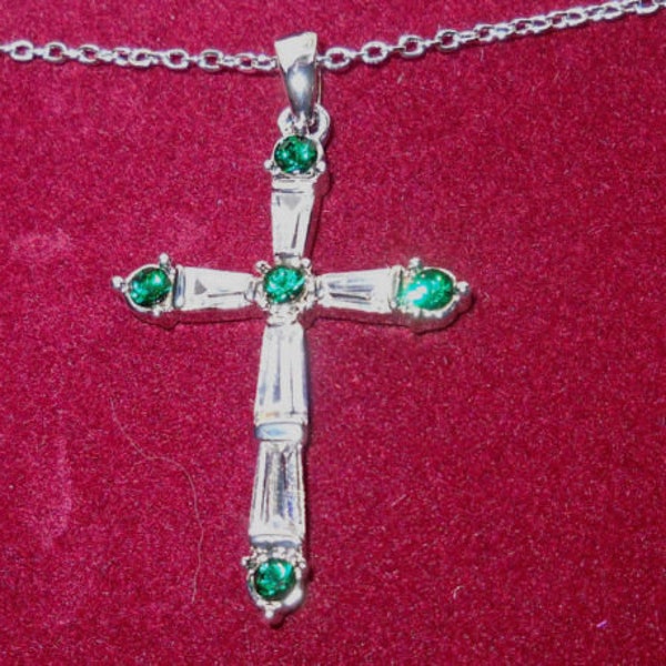 Jackie Kennedy Silver Cross Necklace with Clear and Green Stones 1.75 Inch Pendant for Wedding Anniversary or May Birthday Gift for Her -545