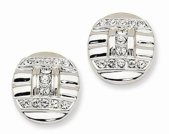 Jackie Kennedy Silver Art Deco Pierced Earrings Oval Shaped with Clear Crystals for Anniversary or Birthday Gift for Her - 604