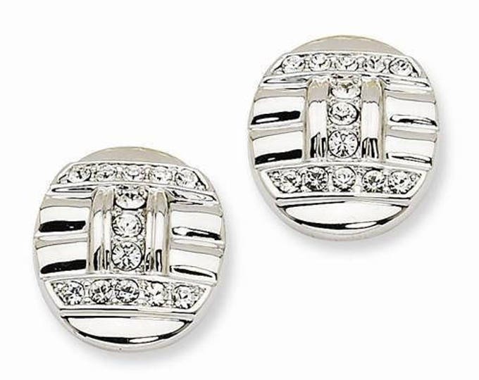 Jackie Kennedy Silver Art Deco Pierced Earrings Oval Shaped with Clear Crystals for Anniversary or Birthday Gift for Her - 604