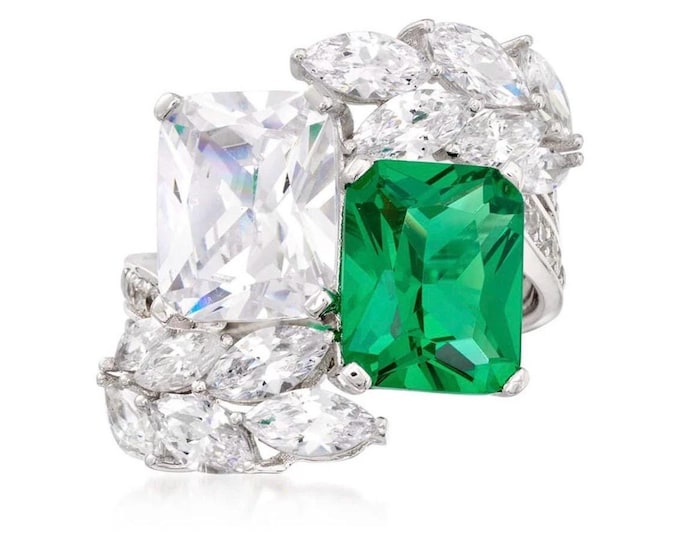 Jackie Kennedy Emerald Ring JBK Silver Engagement Ring with Simulated Emerald and Diamond Stones Gift for Her - 001rs2
