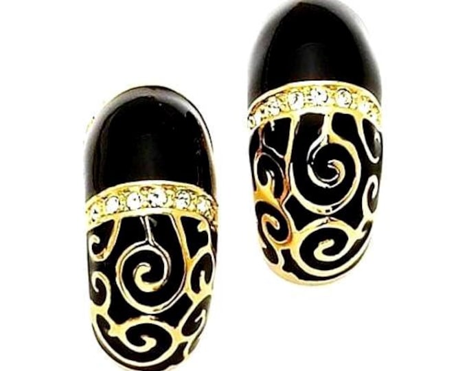 JBK Black and Gold Pierced Earrings Jackie Kennedy Black Enamel Stud Earrings by Camrose Kross Gift for Her Anniversary or Birthday - 488