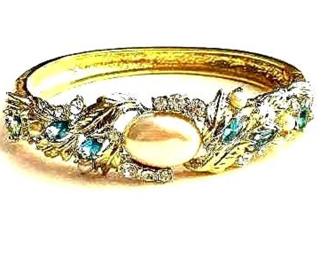 Jackie Kennedy Aqua Bracelet JBK Gold Hinged  Bangle with Aquamarine and Pearl Stones Size 6.75 Gift for Her Anniversary or Birthday - 143ba