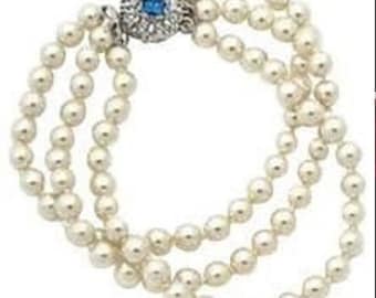 JBK Pearl Bracelet: Jackie Kennedy Style Triple Strand, Faux Sapphire Clasp
