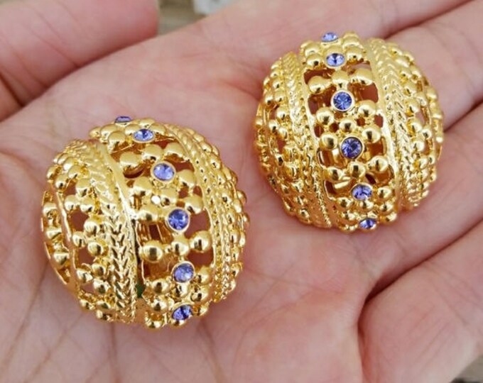 Jackie Kennedy Gold Clip On Earrings with Purple Tanzanite Stones by Camrose Kross for Anniversary or December Birthday Gift for Her - 427