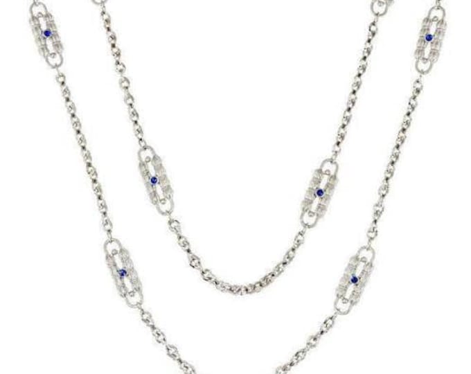 Jackie Kennedy Paperclip Necklace Silver with Blue Stones - 417