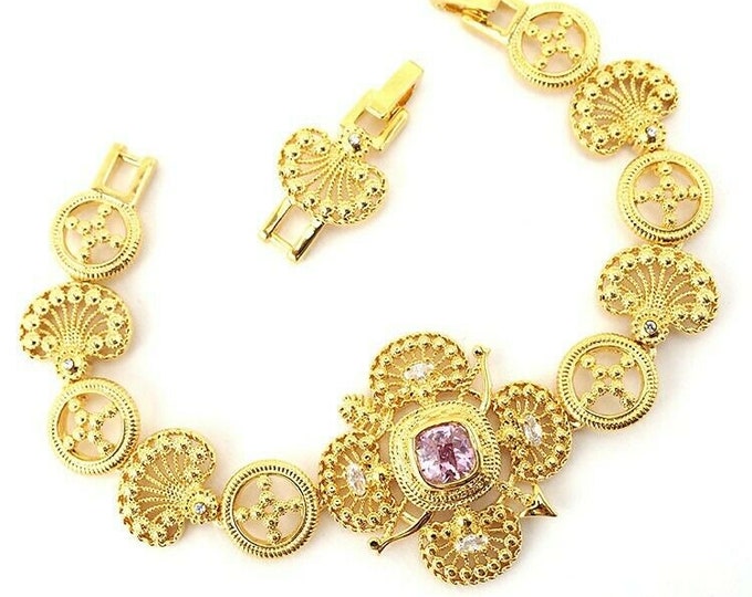 Jackie Kennedy Gold Bracelet with Pink Stones 7.25 to 8.25 Inches - 161