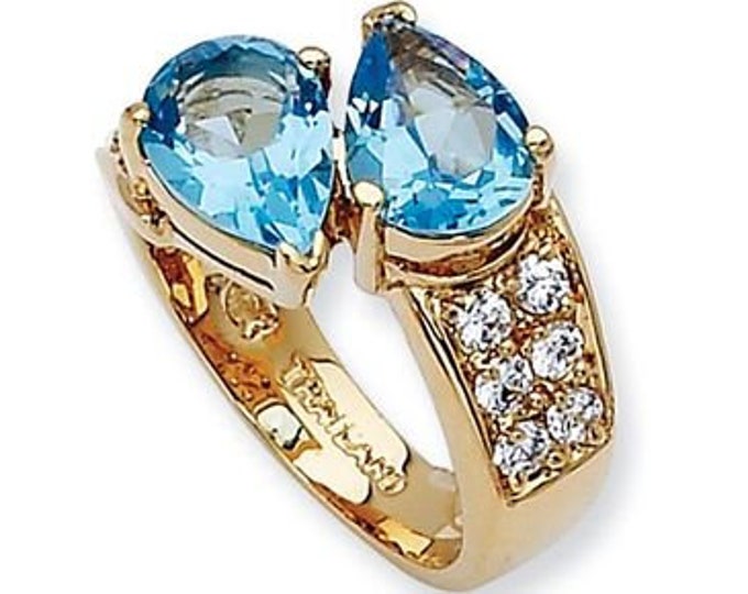 Jackie Kennedy Blue and Gold Bypass Ring with 2 Large Stones and Crystals by Camrose Kross for Wedding Anniversary or Birthday Gift for Her