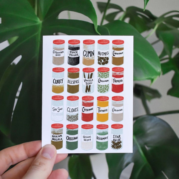 Spice Rack Greeting Card - Cooking notecard. Illustrated spice jars in a retro style on recycled paper. Blank notecard for cooks and chefs.