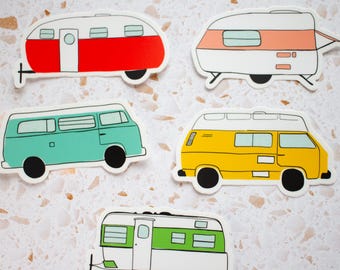Vinyl Sticker with retro campers and vintage campervans. Green, pink, yellow, red, or blue. Gift for van life or RV travelers