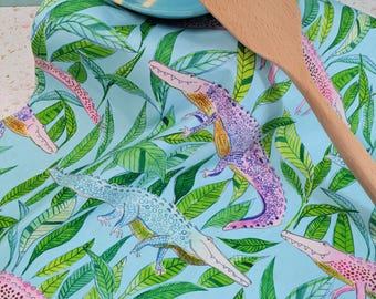 Alligator Tea Towel - cotton tea towel with loop and colorful alligator pattern in blue