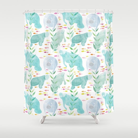 Manatee Shower Curtain Watercolor Manatees And Fish Shower Etsy