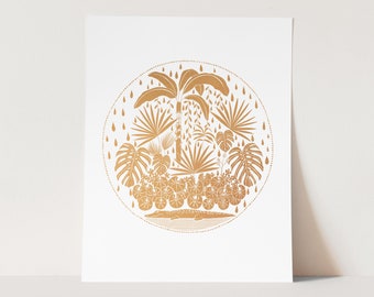 Jungle - 8.5"x11" Foil Art Print - jungle with alligator, snake, banana tree, vines