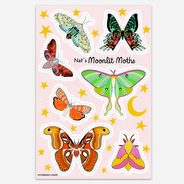 Colorful Moth Stickers - Sticker sheet with assorted moth illustrations - Vinyl sticker sheet with moths