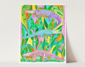 Watercolor Alligators - 11"x14" Art Print - colorful gators