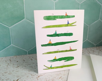 Alligator Birthday Card - Party Crocodiles, animals in party hats