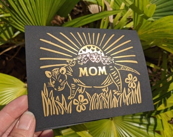 Mother's Day Card - Gold foil possum mom on black cardstock