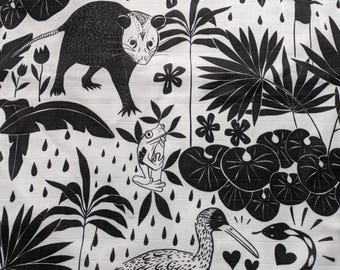 Jungle Critters Tea Towel - organic cotton dish cloth with black & white animal pattern