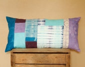 SALE: Blue and Purple Shibori patchwork cushion cover- hand dyed, one of a kind bolster pillow, tie dyed throw pillow